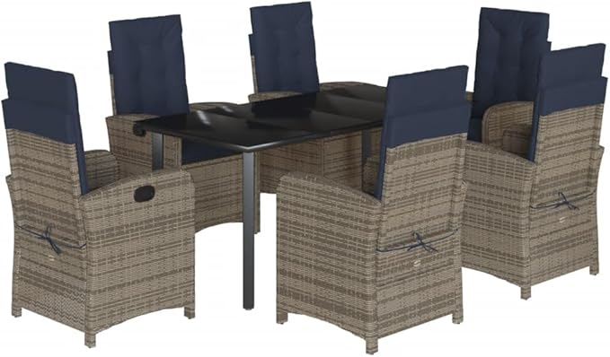 Backyard Furniture Patio Conversation Sets Outdoor Seating 7 Piece Patio Dining Set with Cushions Gray Poly Rattan Suitable for Gardens, Balconies, Decks