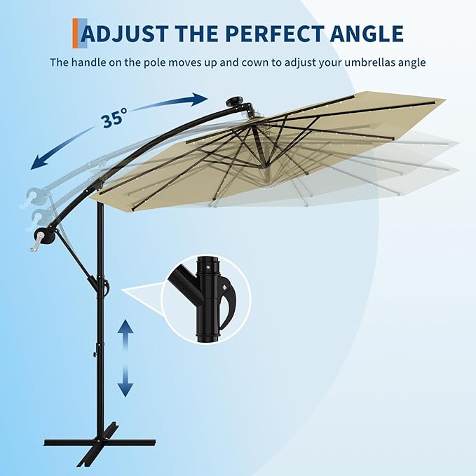 Garvee 10FT Solar Lights Offset Patio Umbrella with Cross Base, Cantilever Umbrella with Easy Lift & Tilt Adjustment, 8 Ribs Sun umbrella UV Protection for Backyard, Pool, Garden, Beige
