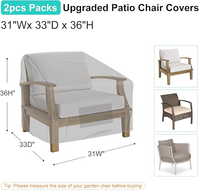 Patio Chair Covers for Outdoor Furniture Waterproof 2 Pack, Lawn Chair Covers 600D Heavy Duty Oxford Cloth, Large Covers for Lounge Lawn Deep Seat 31" W x 33" D x 36" H-Gray