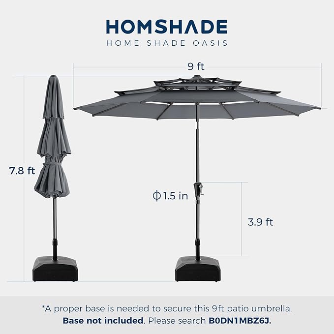 HOMSHADE 9FT 3-Tiers Outdoor Patio Umbrella with 5-Year Fade Resistant,Vented Outdoor Commercial Market Umbrella with UPF50+ UV Protection & Push Button Tilt and Crank for Pool,Backyard(Grey)