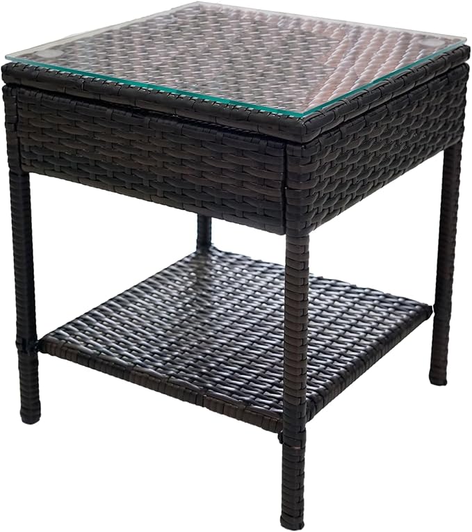 Outdoor Patio Wicker Table,Rattan Side Table,Modern Patio End Side Table with Glass Countertop and Storage Space,for Porch Garden Balcony