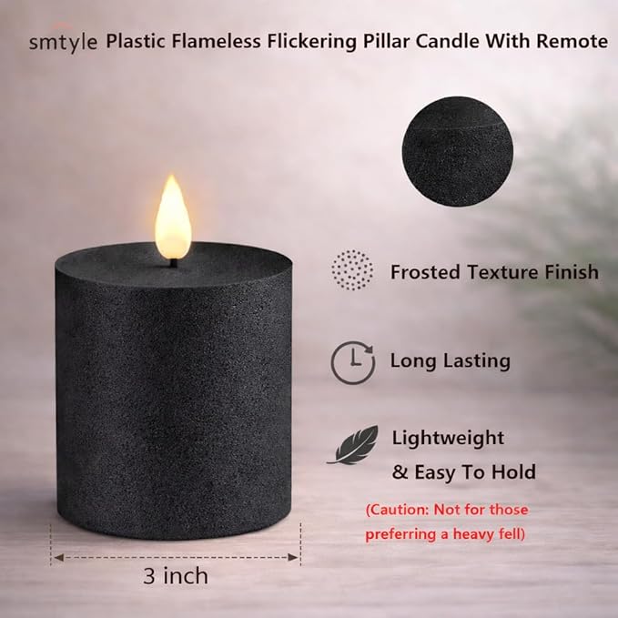 smtyle 3"x3" Black Flameless Flickering Candles with Remote Timer - Battery Operated Plastic Texture Pillar LED Candles Set of 2 for Gothic Home Decorations
