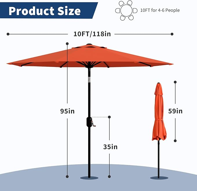 Garvee 10 ft Outdoor Patio Umbrella 8 Sturdy Ribs Outdoor Table Umbrella with Crank Lift & Push Button Tilt - UV Protection Waterproof Market Umbrellas for Pool, Deck, Yard, Garden, Orange