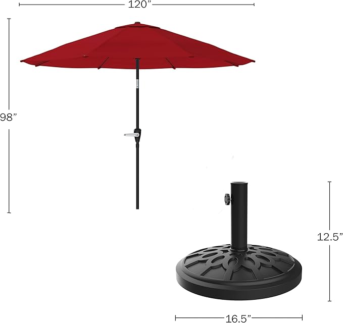 Pure Garden Patio Umbrella with Auto Tilt 10ft Easy Crank Sun Shade with 19lb Weighted Base for Deck, Outdoor Furniture, or Pool (Red)