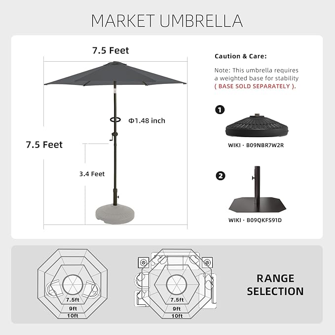 wikiwiki 7.5 FT Patio Umbrellas Outdoor Table Market Umbrella with Push Button Tilt/Crank,6 Sturdy Ribs, Fade Resistant Waterproof POLYESTER DTY Canopy for Garden, Lawn, Deck, Backyard & Pool