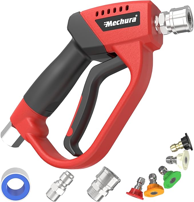 Pressure Washer Gun 5000 PSI, 360° Swivel Gun, Pressure Washer Accessories with 1/4" Quick Connect Outlet, Stubby Pressure Washer Gun with 5 Nozzle Tips, 3/8" Plug & M22-14mm Adapter