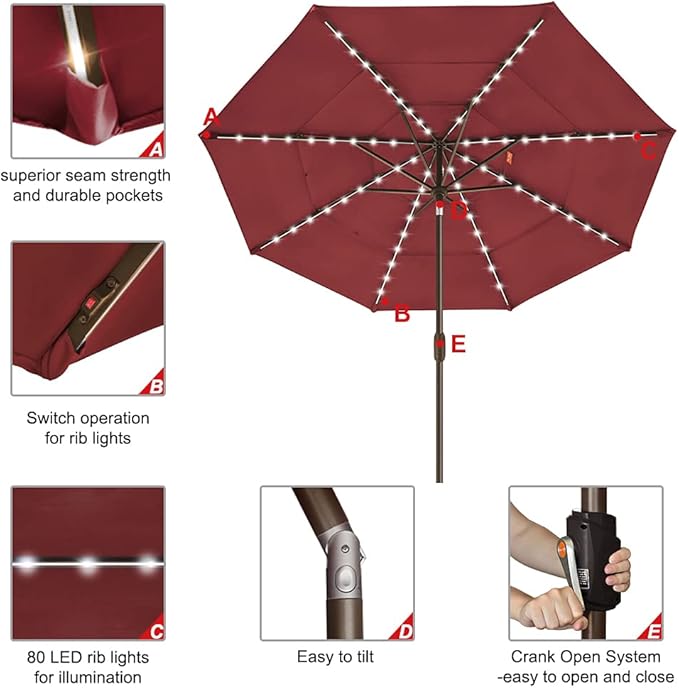 EliteShade USA 10-Year-Non-Fading 9ft 3-Tier Market Patio Umbrella, Commercial Table Umbrella with 80 Solar LED Lights, Crank Open, Windproof & UPF 50+ UV Protection for Garden, Deck, Pool, Backyard, Burgundy