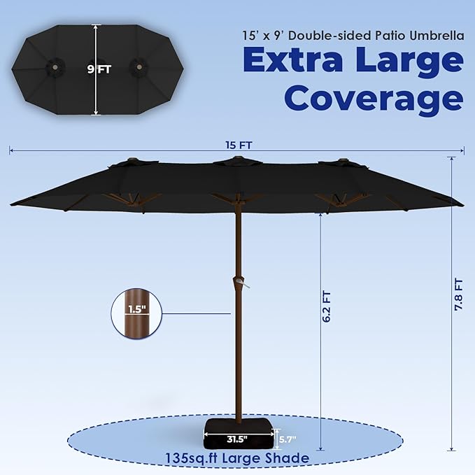 BRIOPAWS 15-FT-Large-Patio-Umbrella-with-Base | Double-Sided | Outdoor Table Umbrellas | w/Crank Handle | 12 Sturdy Fiberglass Rib | UV-Protection | for Garden Deck Backyard Pool | Black