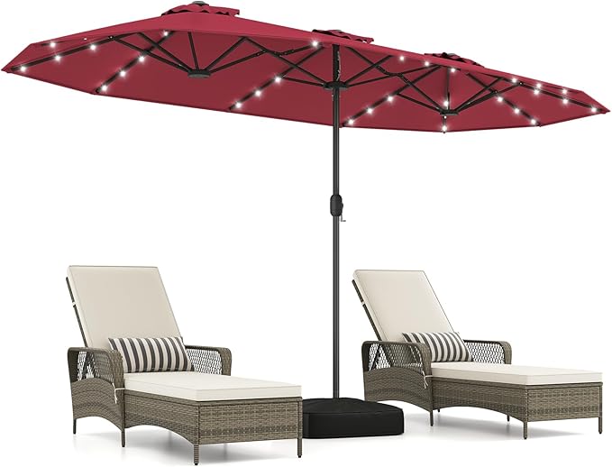 Tangkula 13FT Double-Sided Solar Patio Umbrella, Extra-Large Outdoor Twin Umbrella with 36 LED Lights, Vented Top, Crank Handle, 12 Ribs, Weighted Base Included for Backyard Poolside Deck (Wine)