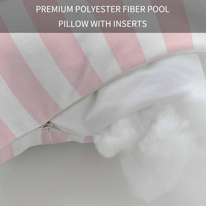 Pink Striped Outdoor Chaise Lounge Head Pillow with Insert, Modern Farmhouse Pink White Stripes Waterproof Headrest Lumbar Pillow Cusion Cover with Elastic Strap for Patio Beach Recliner, 11"x16" 2PCS