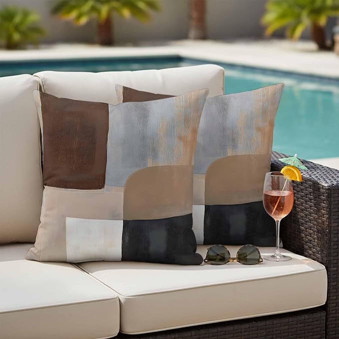 Abstract Ombre Brown Black White Outdoor Waterproof Throw Pillow Covers Set of 2, 24"x24", Modern Art Gradient Decorative Pillow Covers Outside Cushion Case for Patio Porch Garden
