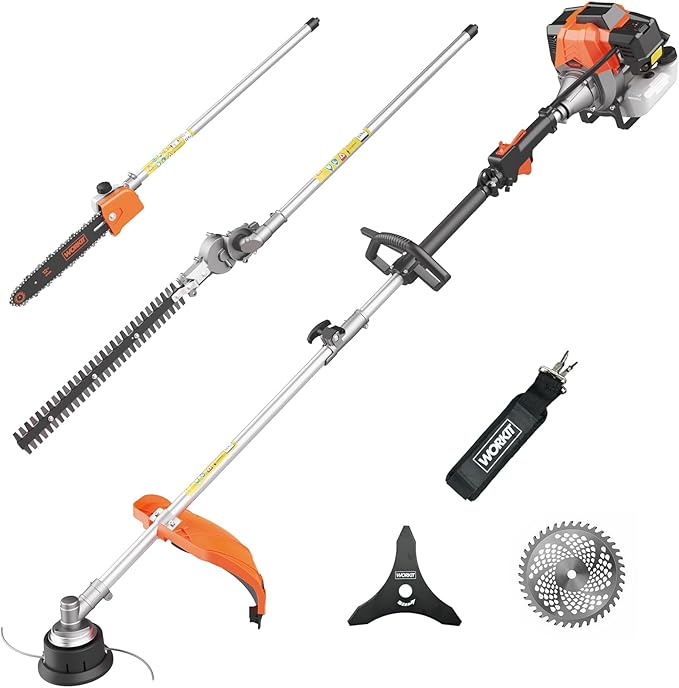 WORKIT 5-in-1 Gas Weed Eater 43CC 2-Stroke Weed Wacker Grass Trimmer 18" String Trimmer 3T/40T Brush Cutter, Hedge Trimmer Pole Saw, Heavy-Duty for Men & Professional Lawn Care