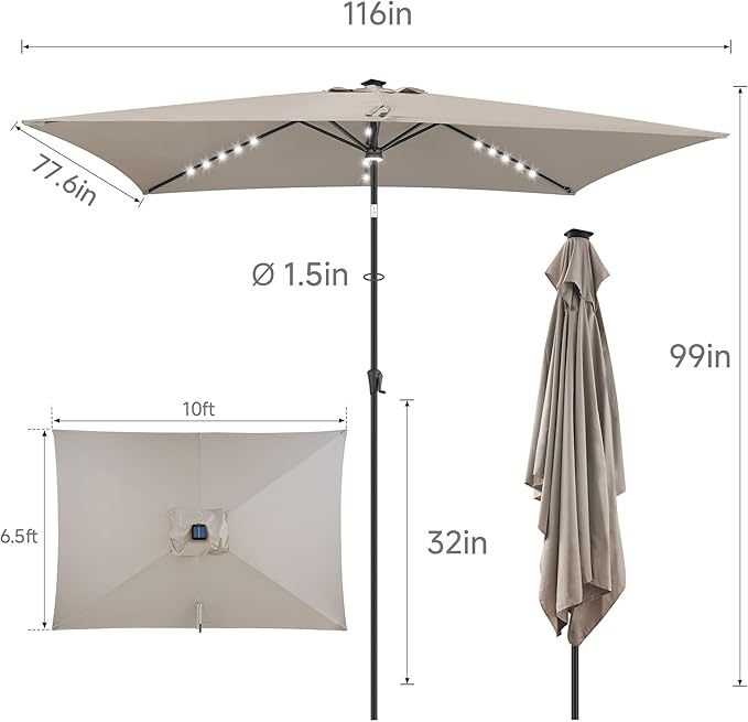 FLAME&SHADE 6.5 x 10 ft Rectangular Solar Powered Outdoor Market Patio Table Umbrella with LED Lights and Tilt, Taupe