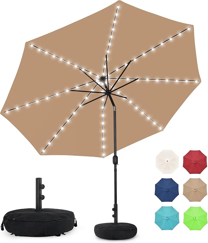 Sundale Outdoor Solar 80 LED 9 ft Patio Umbrella with Sand Bag Umbrella Base, Outdoor Umbrella with Tilt and Crank, Tan