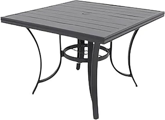 Four Seasons Courtyard Palermo Aluminum Slat Top Outdoor Square Patio Bistro Dining Table with Umbrella Hole and Tapered Leg Design, Gray
