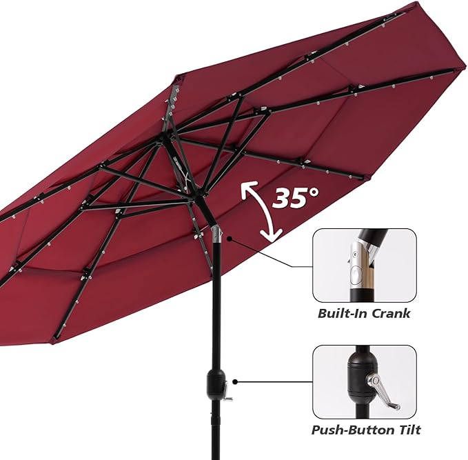 HOMPUS 9FT/10FT/11FT 3 Tiers Solar LED Patio Umbrella for Outside, Outdoor Market Umbrella with Push Button Tilt, 40 LEDs, Sun Shade for for Backyard, Deck, Garden