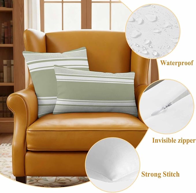 Outdoor Waterproof Throw Pillow Covers, Sage Green Striped Decorative Pillow Cases, Modern Color Block Farmhouse Stripes Couch Pillow Protector Patio Sofa Cushion Covers Replacement 24"x24" 2 Pack