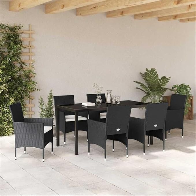 Afuera Living 7 Piece Poly Rattan Garden Dining Set, Black Finish, Powder-Coated Steel Frame, Weather-Resistant Cushions, Tempered Glass Table, Seating for 6, Outdoor Patio or Backyard Dining Use