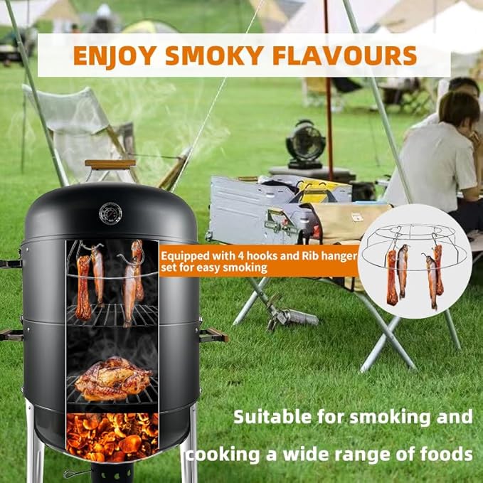 20.5" Smoker grill XXL built in thermometer Air vent 2 pcs doors Multi-Layer heavy duty Smoke BBQ with Rib hanger set with 4 Hooks Parties backyard