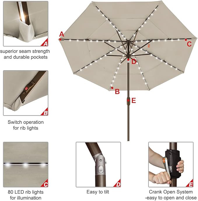 EliteShade USA 10-Year-Non-Fading 9ft 3-Tier Market Patio Umbrella, Commercial Table Umbrella with 80 Solar LED Lights, Crank Open, Windproof & UPF 50+ UV Protection for Garden, Deck, Pool, Backyard, Antique Beige