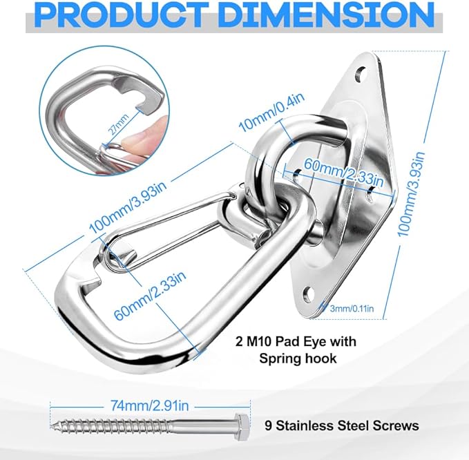 TooTaci 2Pack Hammock Hooks Hanging kit, Heavy Duty M10 Stainless Steel Pad Eye with Closed Snap Hooks, 1700 lbs Capacity Hammock Hanging Kit for Porch Swing Hanging, Wall Ceiling Mount Hanger