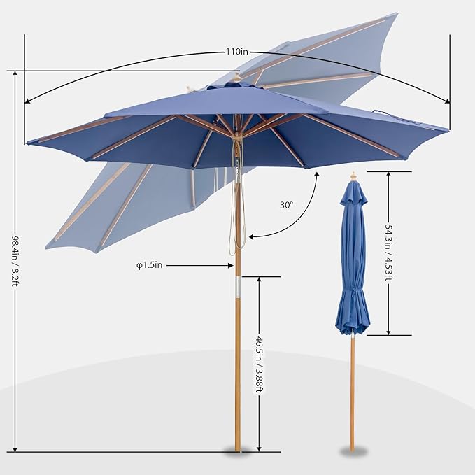 9FT/10FT Bamboo Patio Umbrella, Large Outdoor Umbrella with UPF 50+ Sun Protection, Rope Pulley Lift & Push-Button Tilt, 8-Rib Ventilated Canopy for Garden, Deck, Backyard & Outdoor Dining