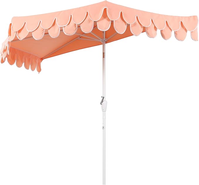 JONATHAN Y Terrace Scalloped 9 ft. Half Round Patio Umbrella with Crank Lift and Tilt, Coastal Semicircle Market Wall Umbrella for Balcony, Coral Pink/White, White Pole UMB1202H