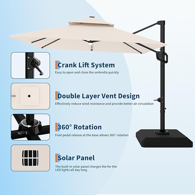 10x10 ft Double Roof Square Cantilever Patio Umbrella with Solar LED Lights & Cross Base – 360° Rotation, Heavy-Duty Sun Shade with Easy Tilt for Backyard, Poolside, and Garden Use, Navy Blue