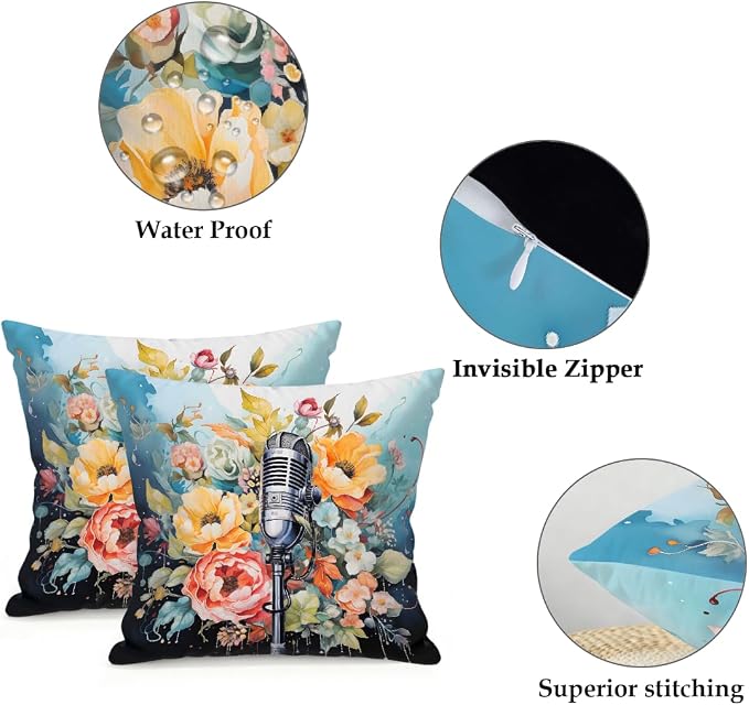 16x16 Inch Outdoor Pillow Covers Set of 2 Waterproof Throw Pillow Covers Decorative Couch Cushion Covers Microphone Floral Square Pillowcases Protectors for Patio Garden Sofa