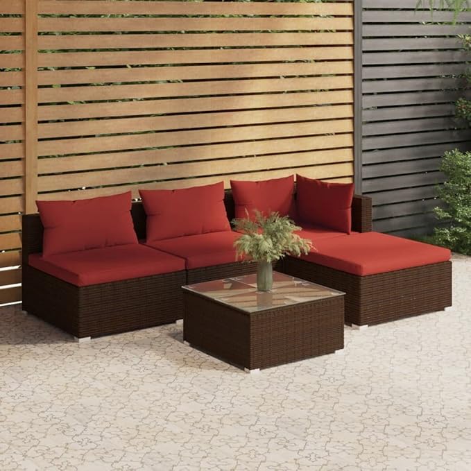 Patio Lounge Set with Cushions,Outdoor Table and Chairs Set,Terrace Conversation Set Furniture,Outdoor Furniture,for Garden,Backyard,5 Piece Poly Rattan Brown