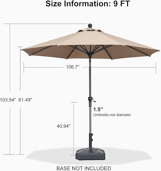 PURPLE LEAF 9' Round Patio Umbrella Outdoor Table Umbrella Aluminum Frame Market Umbrella Sun Umbrella with 8 Sturdy Ribs Tilt for Garden Deck Lawn Pool Taupe