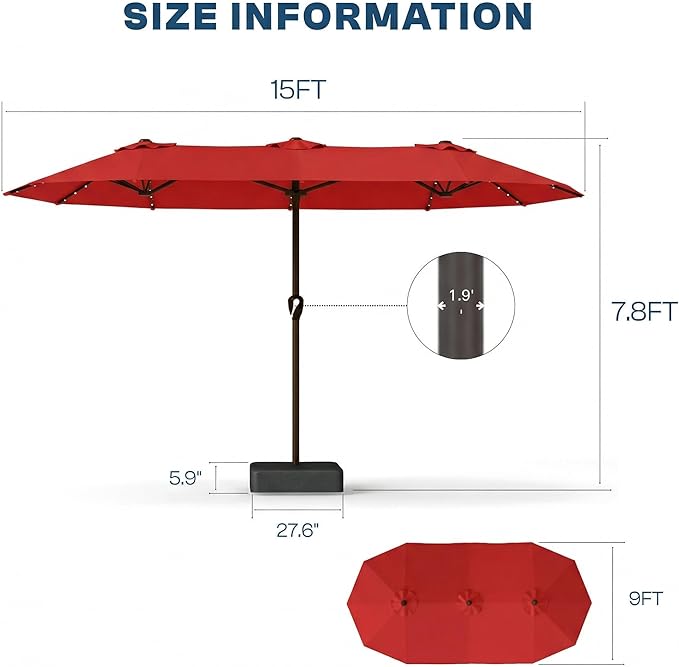 15FT Patio Umbrella with Solar Lights, Double-Sided Extra Large Outdoor Table Umbrella with Base Included, Heavy-Duty 12 Iron Ribs Market Umbrella for Garden, Pool, Backyard, Red