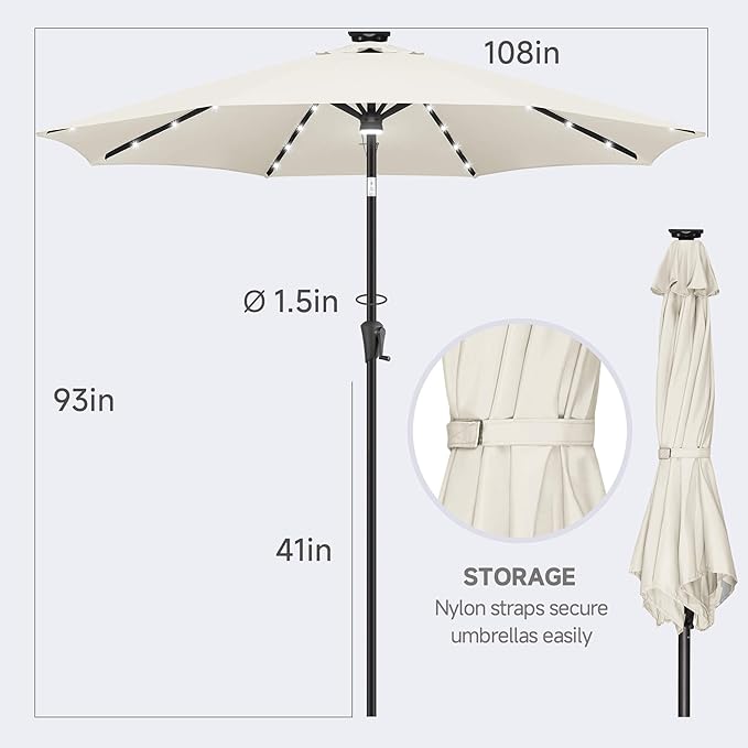 FLAME&SHADE 9 FT Outdoor Umbrella with 40LED Lights, Solar Light Patio Umbrella with Centre Surround Light, Table Market Umbrella Outdoor Patiofor Deck, Pool, Backyard, Garden (Ivory)