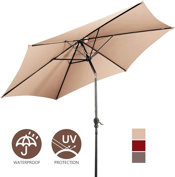 10-Foot Outdoor Water/UV-Resistant Patio Umbrella, Round Tilt Garden Market Table Mental Umbrella, with Crank, Adjustable Levels, Perfect For BBQ, Seaside, Swimming Pool, Beige