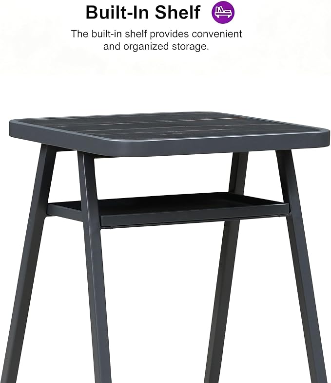 PURPLE LEAF Counter Height Table Patio SquareTable with Shelve Dining Coffee Kitchen Breakfast Bistro Outdoor Pub Bar Table for Garden Balcony, Dark Grey