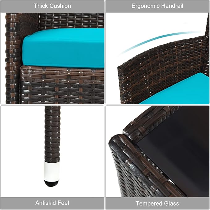 4 Pieces Patio Sofa Set, Wicker Conversation Set with Ergonomic Curved Backrest, Rattan Furniture Set with Water-Resistant Cushion & Tempered Glass Table for Balcony, Porch (Turquoise)