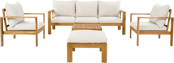 KLMM Outdoor 5pcs Acacia Sectional Patio Sofa Set with Cushions,for Patio Balcony Garden (Beige+Grey,Teak-AS)