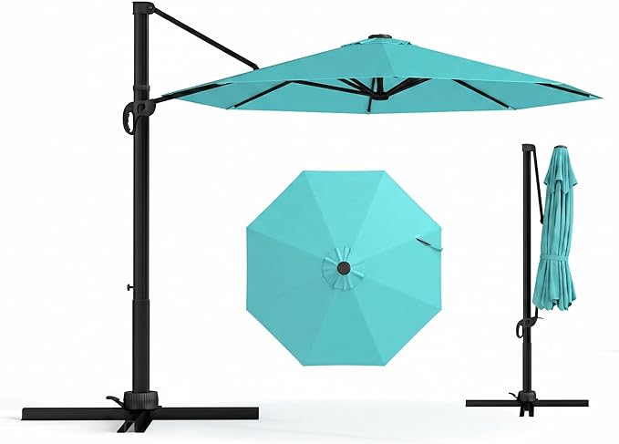 11 FT Round Cantilever Umbrella,Easy Tilt, Fade Resistant & 360° Rotation, Offset for Pool Deck Backyard Patiopeacock blue (Base not Included)
