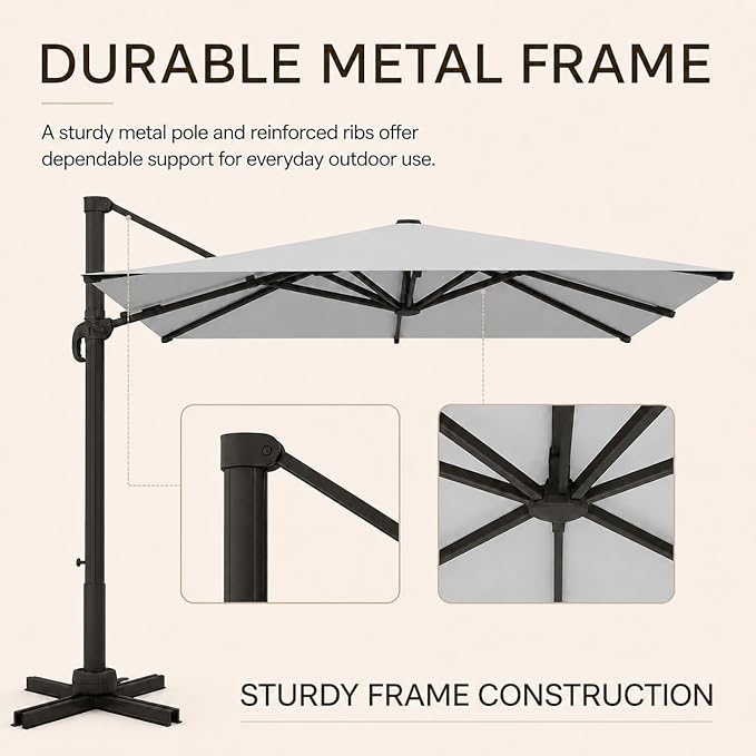 Kingdura 9' X 9' Cantilever Patio Umbrella with Base Included, Large Square Outdoor Offset Umbrella with 360-degree Rotation, 4 Position Tilt, UV Protection for Pool Deck Garden Patio (Light grey)