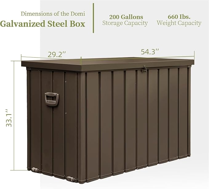 200 Gallon Outdoor Storage Deck Box with Lockable and Mobile Roller, Large Steel Container Bin with Waterproof and UV Resistant for Patio, Garden, Dark Brown