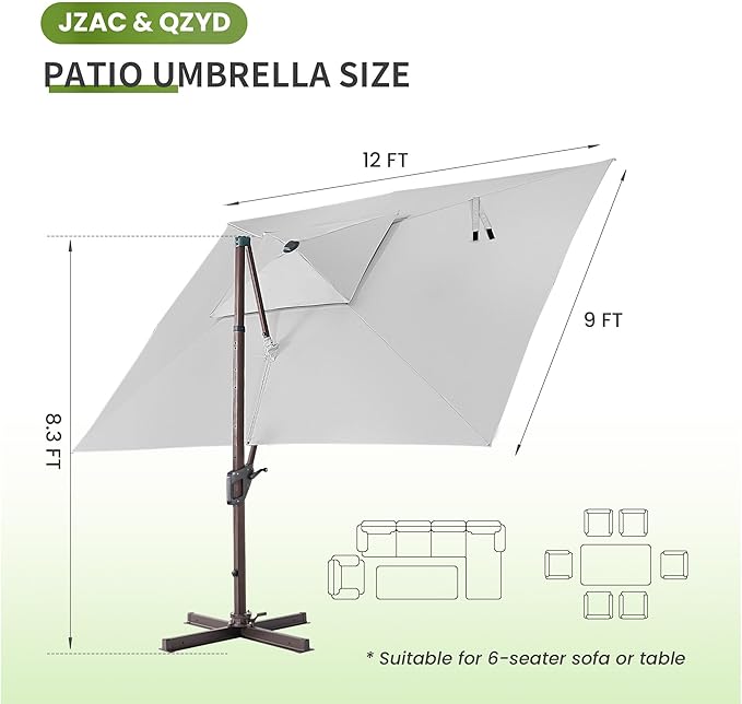 JZAC & QZYD 9x12 FT Outdoor Cantilever Patio Umbrella with LED Lights, Large Heavy Duty 2-Tier Aluminum Offset Umbrellas with 360-Degree Rotation for Pool Deck, FogGrey