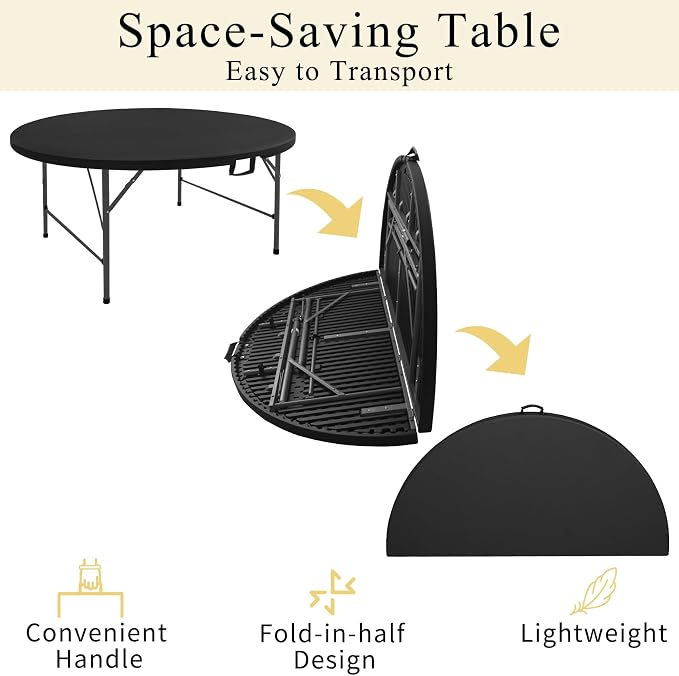 5 FT Round Folding Tables with Carrying Handle 60 inch Heavy Duty Portable Plastic Commercial Table Steel Legs for Party, Dining, Wedding, Events, Picnic Indoor, Outdoor (Black,1 Pack)