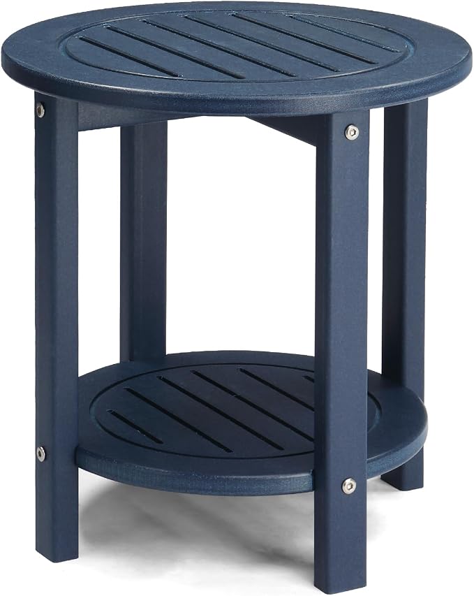 2-Tier Outdoor Side Table, Round HDPE Adirondack Table for Patio, All-Weather Resistant End Table with Storage Shelf for Porch, Garden, Deck and Poolside, 220 lbs Capacity, Navy Blue