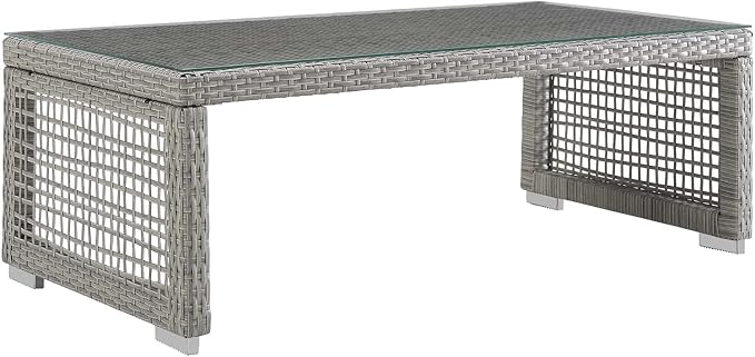 Modway Aura Wicker Rattan Outdoor Patio Tempered Glass Coffee Table in Gray