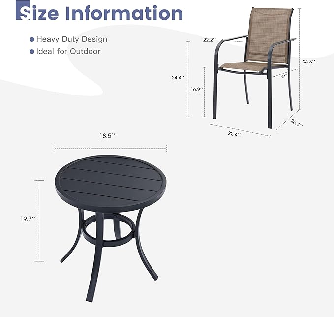 VICLLAX Outdoor Set for 2, Small Patio Table and Chairs Set of Stackable Patio Sling Chairs and Round Dining Table for Front Porch, Brown Fabric and Black Table