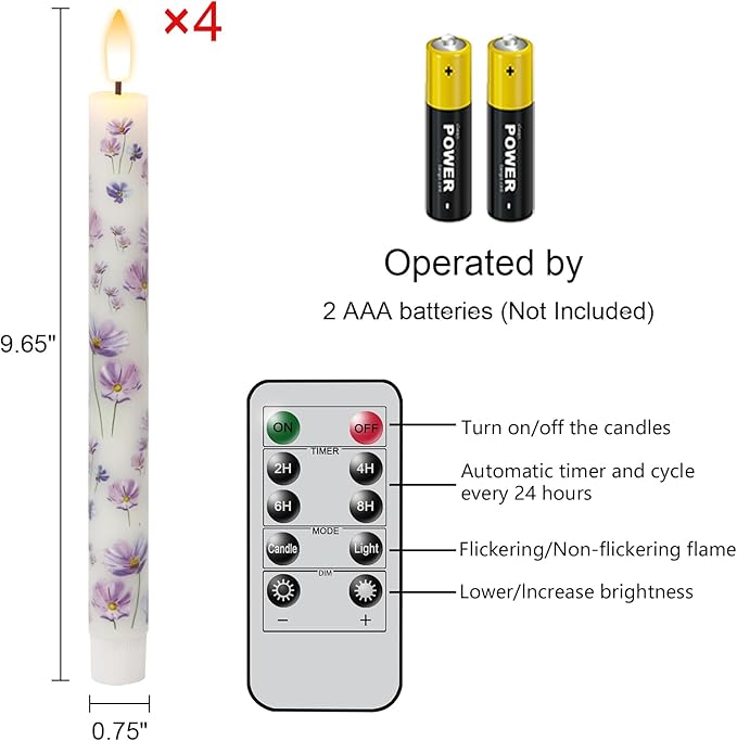 Wondise Flameless Flickering Candles with Remote and Timer, 4 Pack Real Wax Battery Operated LED Taper Candles 3D Wick Purple Flower Decal for Dinner Wedding Spring Home Decor(0.78" D x 9.64" H)