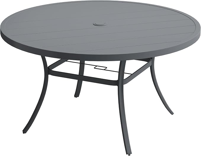 VICLLAX 63" Outdoor Round Patio Table with Umbrella Hole, All Weather Metal Round Outdoor Dining Table for Lawn Garden, 8-10 Person Table, Grey