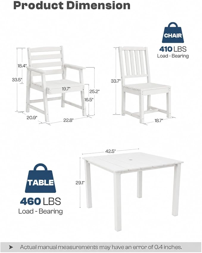 HDPE Outdoor Dining Set for 4 with 10FT Umbrella, White | All-Weather HDPE, Wood Grain Finish, 42.5" Square Table, Built-In Umbrella Hole, Seats 4, Patio & Poolside Ready