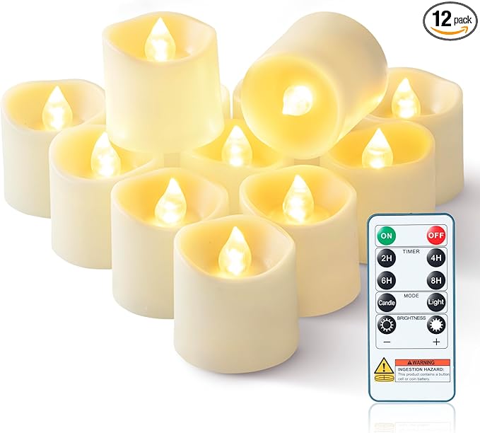 Homemory 400+ Hour Timer Remote Control Flameless Votive Candles, Battery Operated LED Tea Lights in Warm White for Outdoor, Table, Halloween, Christmas-Ivory Base