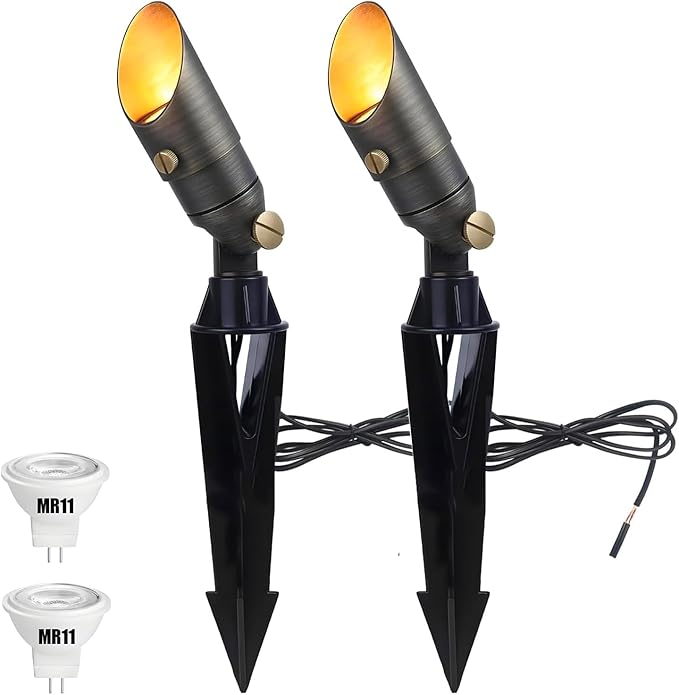 Brass Landscape Lights, 12V Low Voltage Mini Spotlight, Replaceable 3W MR11 LED Bulb Warm White, Solid Brass Spot Light, Weatherproof Accent Light for Outdoor Garden Yard Lighting 2-Pack